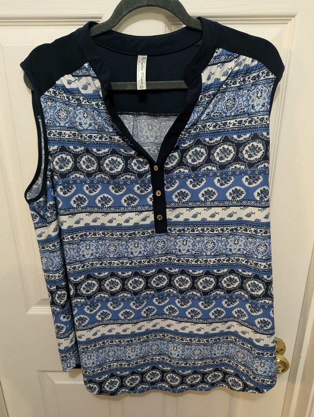 Perseption Blue and Navy Printed Sleeveless Henley Cami